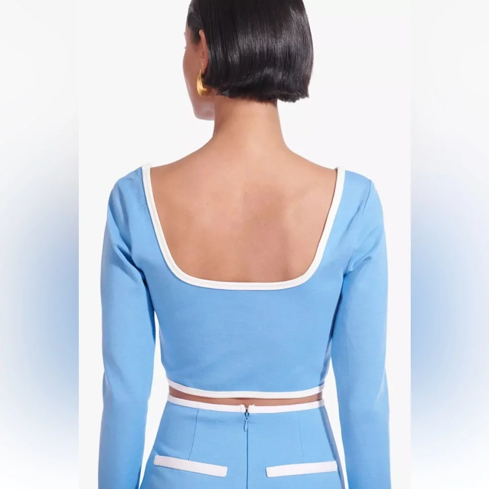 NWT STAUD Berry Long Sleeve Ponte Structured Crop Top in Sky/White - Picture 9 of 14